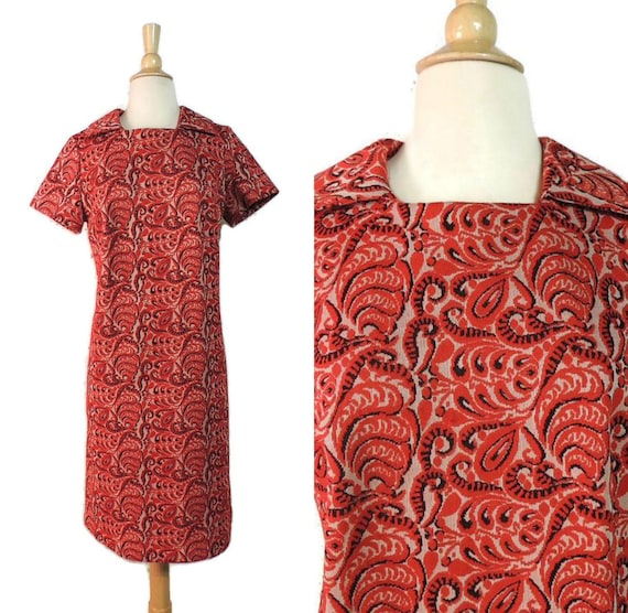 Vintage 60s Dress / Red Black Paisley Crimplene No