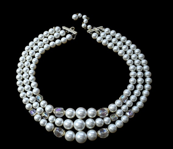 Vintage 50s Necklace Japan 3 Strand Faux Pearl Fa… - image 1