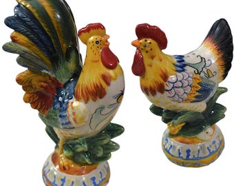 ヴィンテージ S&P シェイカー フィッツフロイド リカモ 派手な手描きノベルティ 雌鶏 雄鶏 ひよこ 鶏 鳥 塩コショウ セラミックセット
