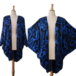 Vintage 80s Jacket Cobalt Blue Black Leafy Print Studio 54 Disco Batwing Dramatic Statement Cocoon Jacket