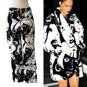 May include: Black and white patterned pants and a coat. The pants feature a repeating pattern of stylized faces. The coat is a black and white faux fur with a similar face pattern. The coat has a notched collar and button closure.