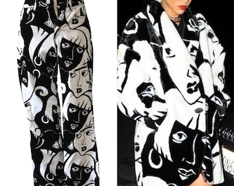 Vintage 90s Jeans Parker RARE Pop Art Novelty Picasso Black White Faces Cotton Denim Velvet Flocked Pants Rhianna Coat