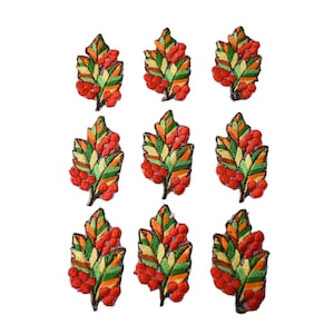 Lot de 9 écussons vintage appliqués années 60-70, motif feuillage d'automne, feuilles et baies rouges, pour la couture de vestes en jean et jupes.