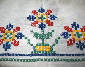 Vintage 40s Tablecloth Hand Embroidered Cross Stitch Jeweltone Floral Yarn Crewel Cafe Table Cloth Topper Centerpiece