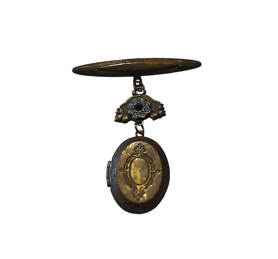 Antique Locket Brooch Art Nouveau Carved Brass Bl… - image 2