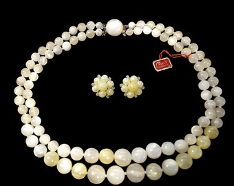Vintage Demi Parure 50s Winey Creations Japan Hong Kong Cream Moonglow Double Strand Choker Necklace Clip On Earrings Married Wedding Set