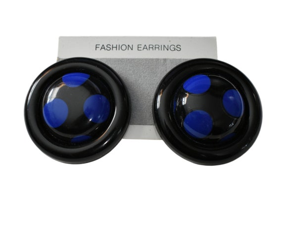 Vintage 80s Earrings Deadstock Cobalt Blue Black … - image 1