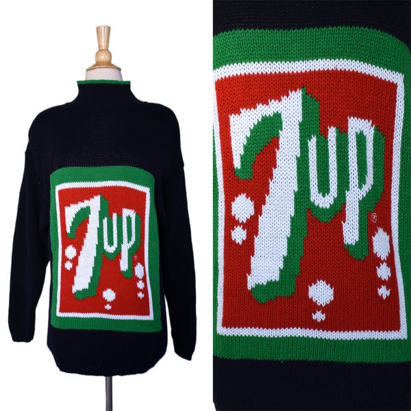 Vintage 90s Sweater RARE Eagles Eye 7 UP Soda Novelty Advertising Pop Art Turtleneck Jumper
