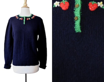 Vintage 80er Jahre Pullover 50er Jahre LL Bean Dunkelblau Süßes Garn Besticktes Garn Erdbeere Erdbeere Wolle Pullover