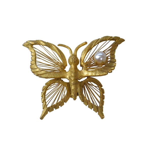 Vintage 60s Brooch Brooks Signed Novelty Wired Openwork Butterfly with Dewy Pearl Trim Pin