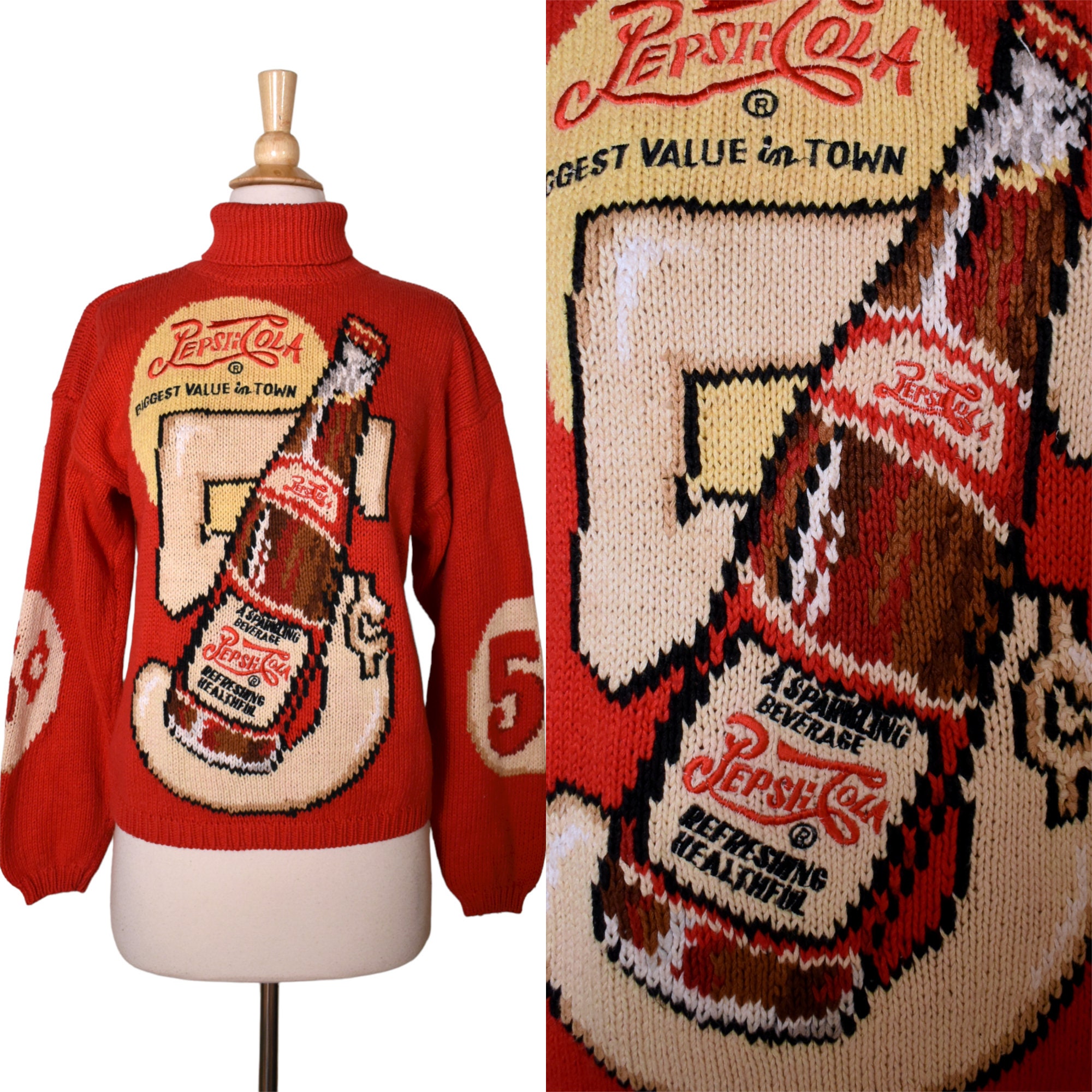 Vintage 80s Sweater Eagles Eye Novelty Print Pepsi Cola Soda Pop 