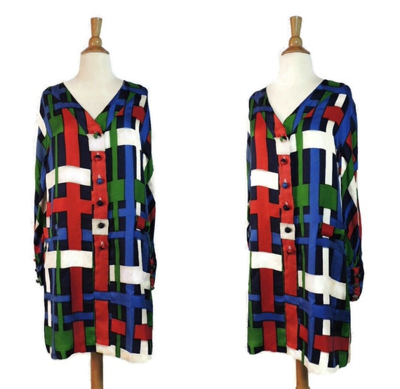 Vintage 80s Dress / Dramatic Mondrian Plaid Print