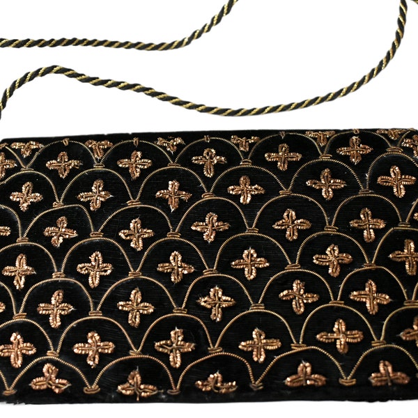 Vintage Zardozi Purse Real Copper Gold Thread Embroidered Black Velvet Foldover Clutch Shoulder Bag