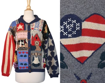 Cardigan vintage des années 80 Eagles Eye tricoté à la main nouveauté grange échantillonneur animaux poulet vache Americana étoiles rayures bouton pull pull