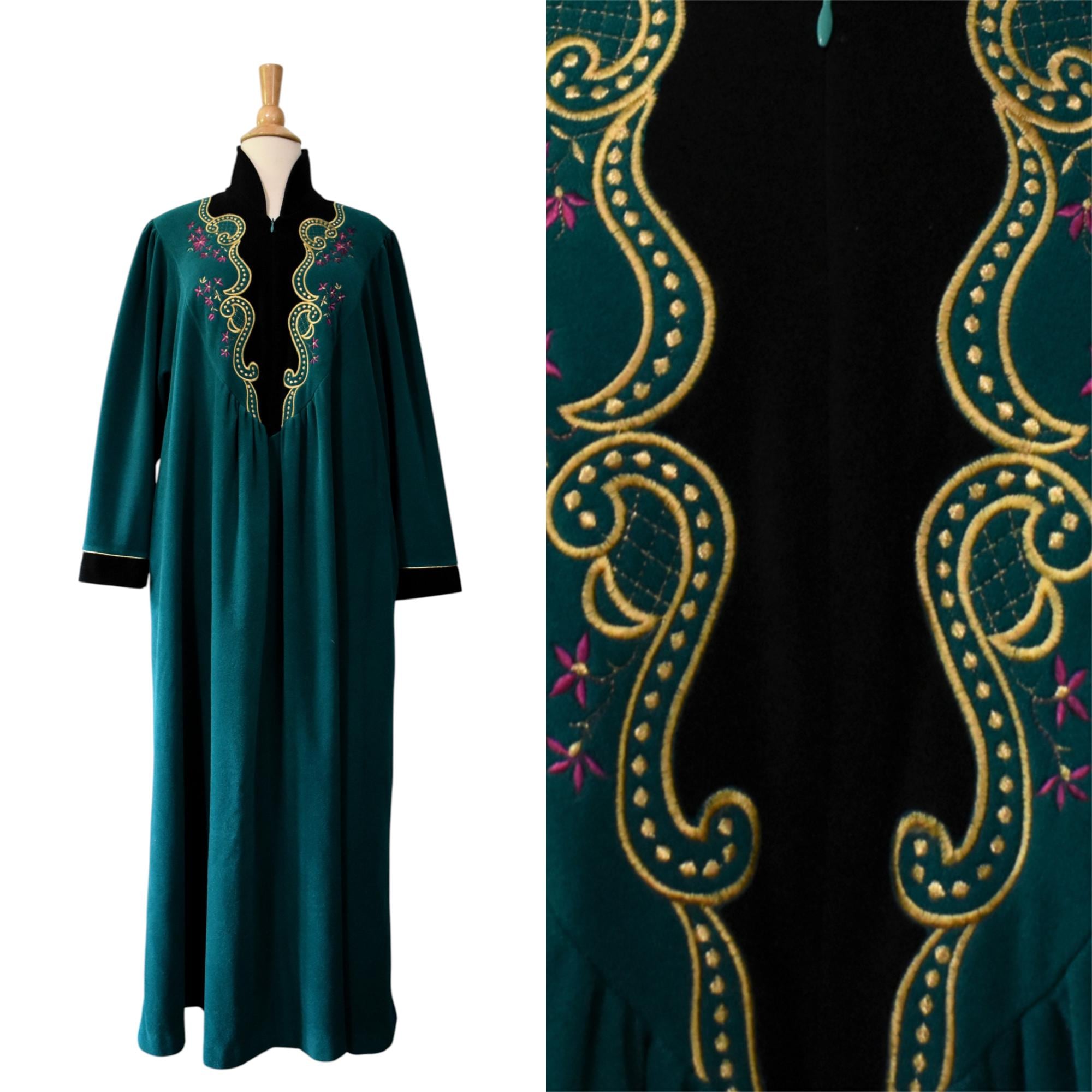 Vintage 70s Robe Vanity Fair Teal Green Plush Velour Silky Scroll Floral Embroidered Yoke Zip Front Hostess Gown Caftan