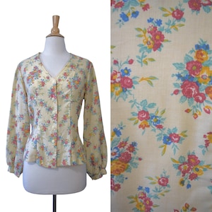 May include: Cream-colored blouse with a floral pattern in pink, blue, and yellow. The long-sleeved top has a V-neck, button-up front, and a fitted waist. The fabric swatch on the right shows the same floral design.