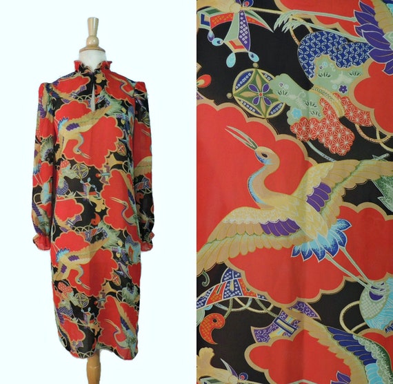 Vintage 80s Dress / Items Novelty Print Asian Insp