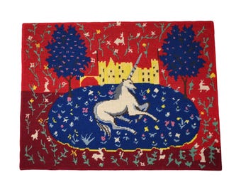 Vintage Needlepoint Tapestry 60s Medieval Renaissance Castle Unicorn Bold Color Red Blue Burgundy Yellow Wall Hanging Picture 24 x 18in