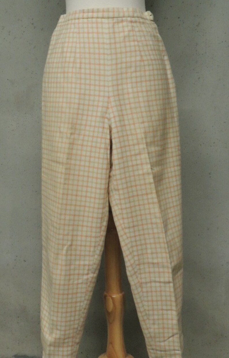 Vintage 50s Pants Rockabilly Melon Tan Grid Plaid Soft Cotton Blend High Waist Clam Diggers Pedal Pushers Capris