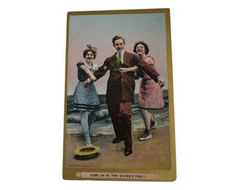 Antique Postcard 1900s Titanic Era Novelty Beach Women Bathing Suits Hand Tinted Photo Gilded Edge Deadstock Lithograph Paper Card Ephemera