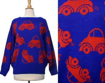 Vintage jaren 80 trui postmodern Mallrat nieuwigheid print kobaltblauw rode auto auto thema leuke Slouchy jumper top