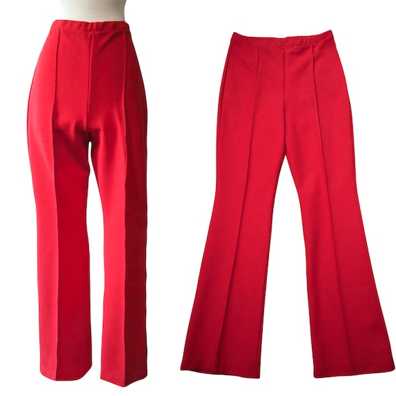 Wrangler, Vintage 70s Pants Lady Wrangler Deadstock Holiday Red Polyester Double Knit High Waisted Flared Wide Leg Pull On Slacks