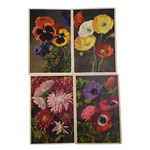 Carte postale vintage des années 40 Deadstock Thor E Gyger Adelboden Suisse Floral Pansy Poppy Mum Assortiment de papiers Ephemera Card 4 pc / Lot