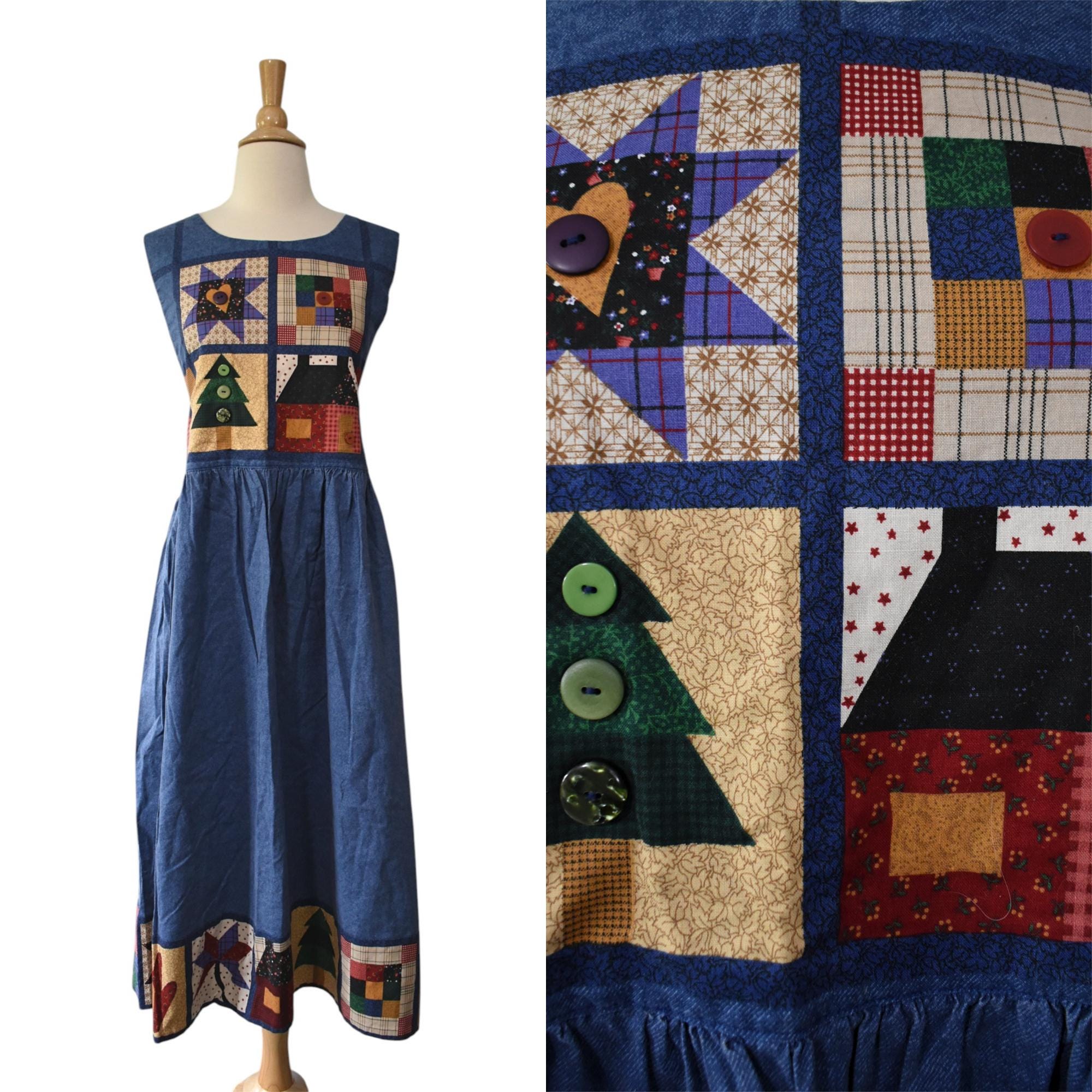 Vintage 80s Dress Americana Primitive Patchwork Quilt PRINT Plaid