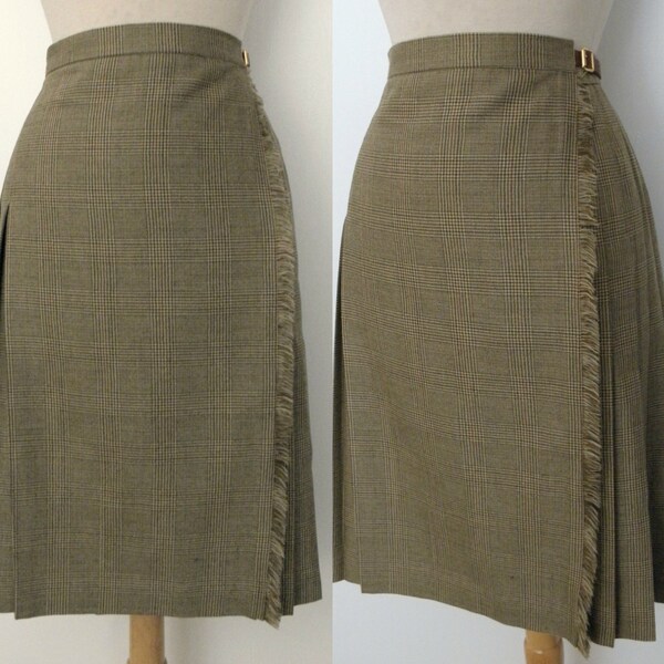 FINAL SALE Days Vintage Ralph Lauren Wool Glen Plaid Fringe Pleated Kilt Leather Buckle Wrap Skirt