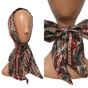 Vintage 60s Scarf 70s Oxblood Red Gray Mens Paisley Tie Print Long Ascot Neckerchief Waist Sash Neck Bow 47 x 3