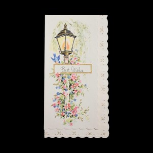 Tarjeta de felicitación vintage de los años 60 con los mejores deseos, felicitaciones, farola con flores rosas, borde festoneado, sin sobres, manualidades, regalos