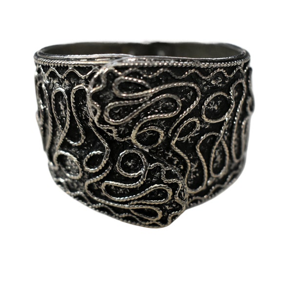 Vintage 80s Clamper Brutalist Silvertone Soutache Cuerda Estrellas Negro Lavado Declaración Pulsera Brazalete