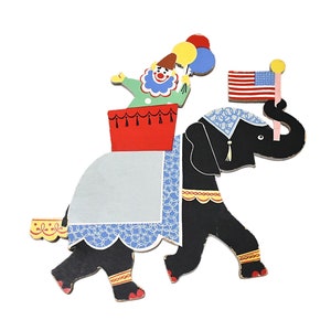 Decoração de parede vintage anos 50 meados do século berçário infantil papelão prensado palhaço de circo elefante caprichoso kitsch arte pendurada