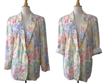 Vintage 80er Jahre Blazer Alfred Dunner VOLUP Pastell Frühling Blumen Baumwoll Slouch Roll Sleeve Boyfriend Jacke