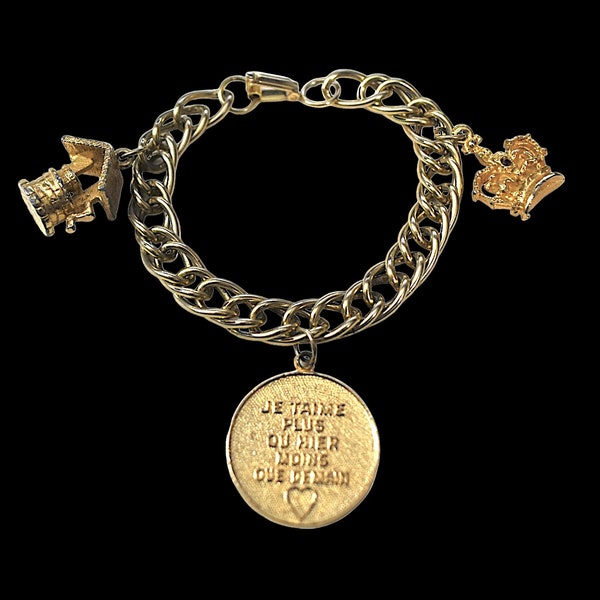 Vintage jaren '60 Armband Nieuwigheid Wishing Well Regal Crown Je Taime Ik hou meer van je vandaag dan gisteren Charm Chain