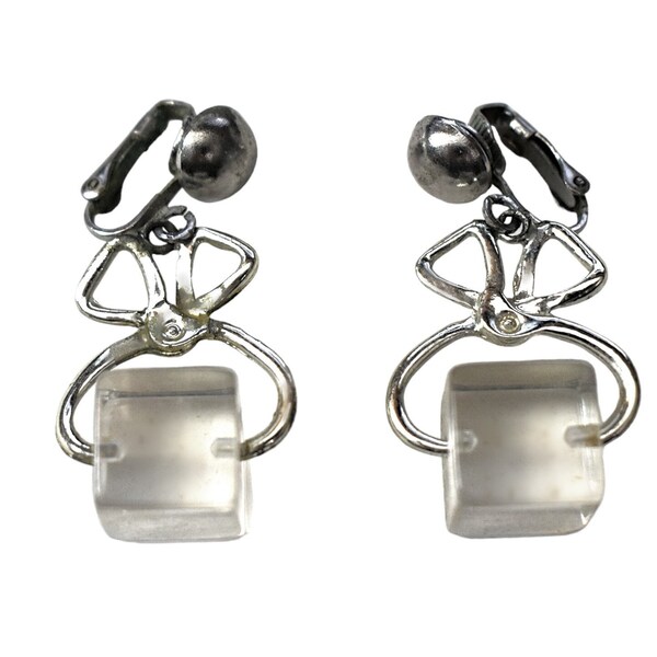 Vintage 60s Earrings MOD Novelty Clear Lucite Ice Block Cube Tongs Pop Art Movable Dangles Clip Ons