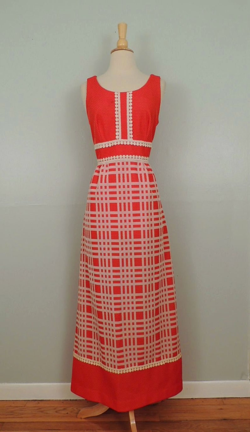 Vintage 60s Dress Gay Gibson Red White Polka Dot Plaid Daisy Lace Stepford Wives Hostess Maxi Gown