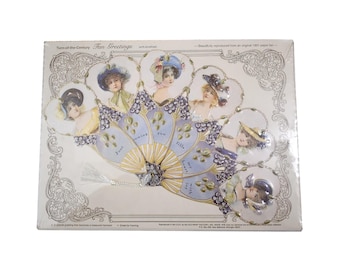 Victorian Hand Fan Deadstock Replica 1901 Paper Floral Ladies Waiting Cherub Dancing Couple Romantic Tassel Greeting Gift