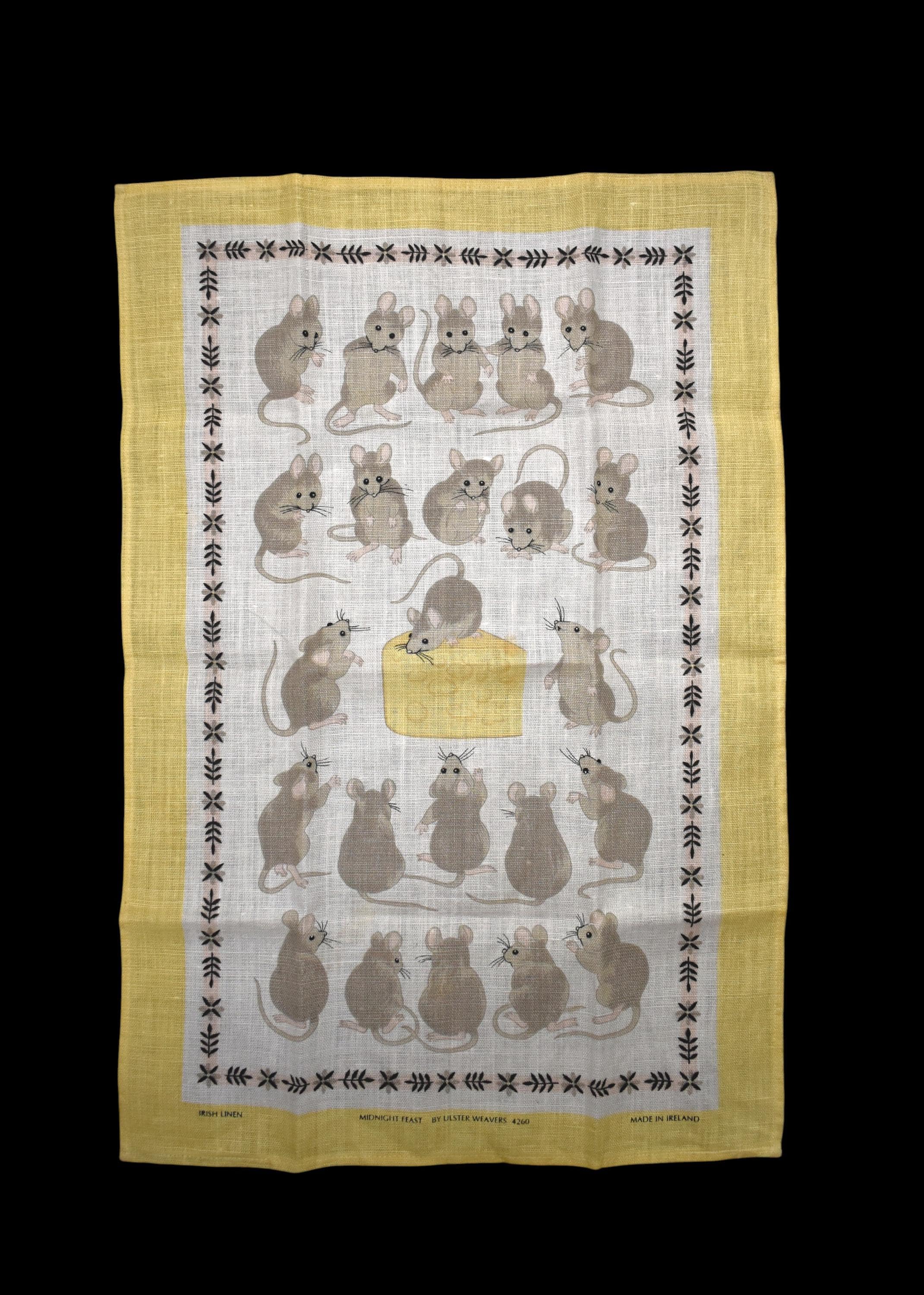 希少　50-60s リネン ティータオル 特注 Ulster製 Vintage Tea Towel 60s Ulster Weavers Midnight Feast Mice Cheese