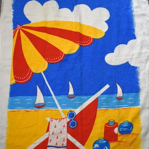 Vintage 70s Towel Island Fun Novelty Print Sunbathing Chair Umbrella Sailboats Beach Front Picnic Tanning Summer Vacation Holiday Blanket