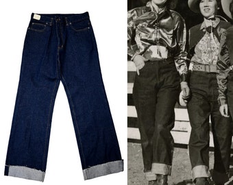 Jeans Farm vintage des années 70 et des années 40 Revival VOLUP River City Trading pantalon en jean Larry Mahan à revers larges avec logo cow-girl western