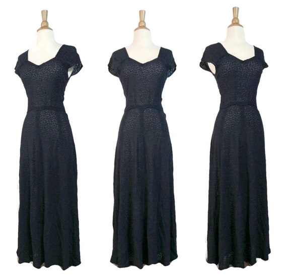Vintage 30s Dress / 40s Navy Blue Berry Leaf Spide