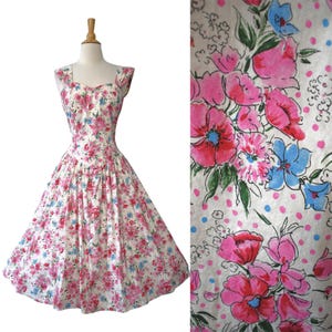 Vintage 80s Dress does 50s Shannon Marie Hawaiian Pink Blue Floral Fit n Flare Basque Waist Smocked Back Cotton Midi Sundress