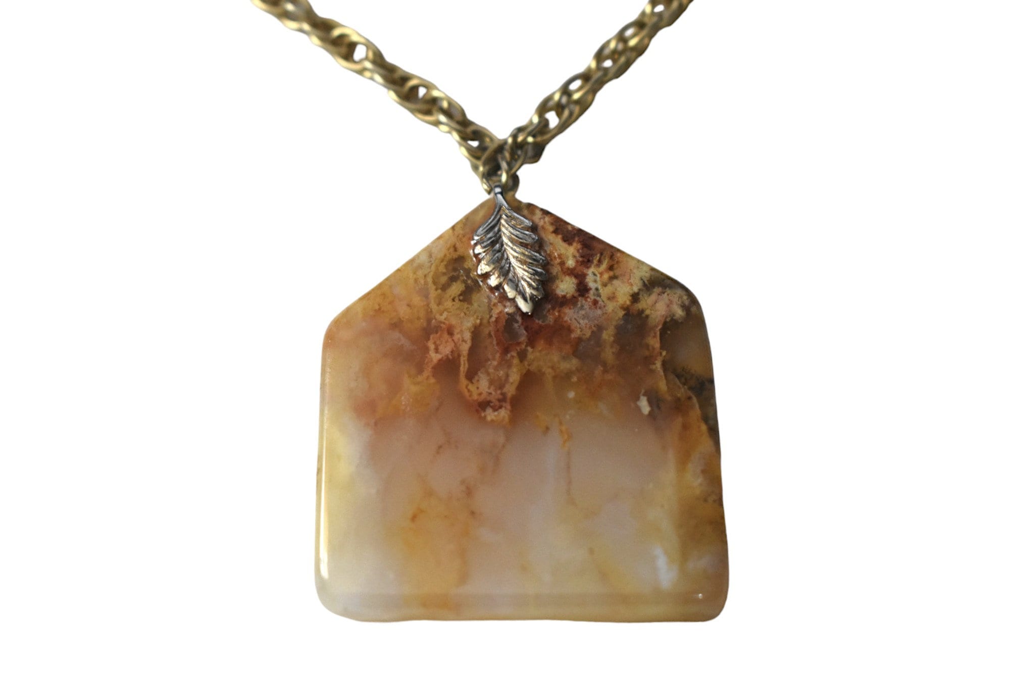 Vintage 80s Necklace Bohemian Marble Slab Stone Leaf Trimmed