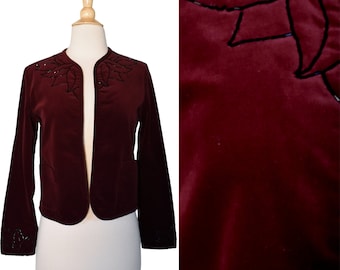 Blazer vintage des années 70 en velours cramoisi noir perlé motif feuille garniture veste courte robe de soirée sur mesure