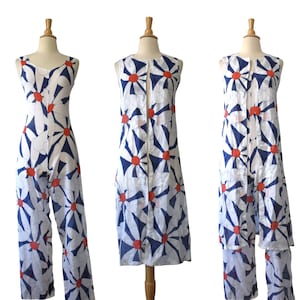 Vintage 60s Jumpsuit MOD Red White Blue Flower Power Daisy Mesh Jumper One Piece Beach Pajamas Duster Jacket Set
