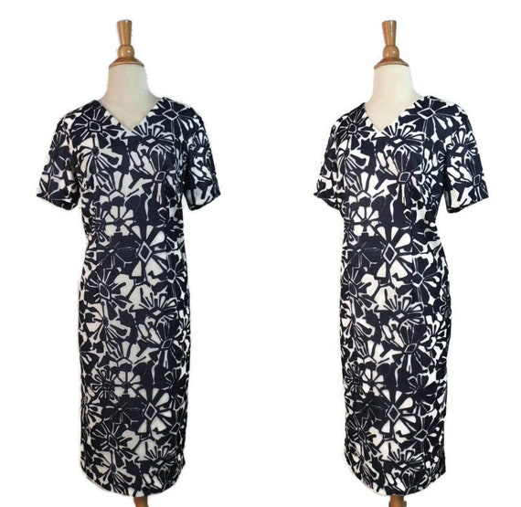 Vintage 60s Dress / Navy Blue White Abstract Flora