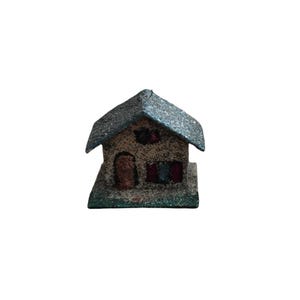 Vintage Putz House 40s 50s Novelty MCM Japan Paper Mache Blue Cardboard Crudely Made Nostalgic Holiday Christmas Mini Ornament