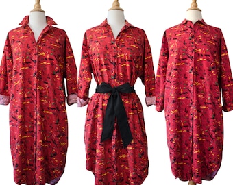 Blusa vintage de los 80, color café, estilo posmoderno, con estampado abstracto de garabatos, camisa túnica de algodón rojo.