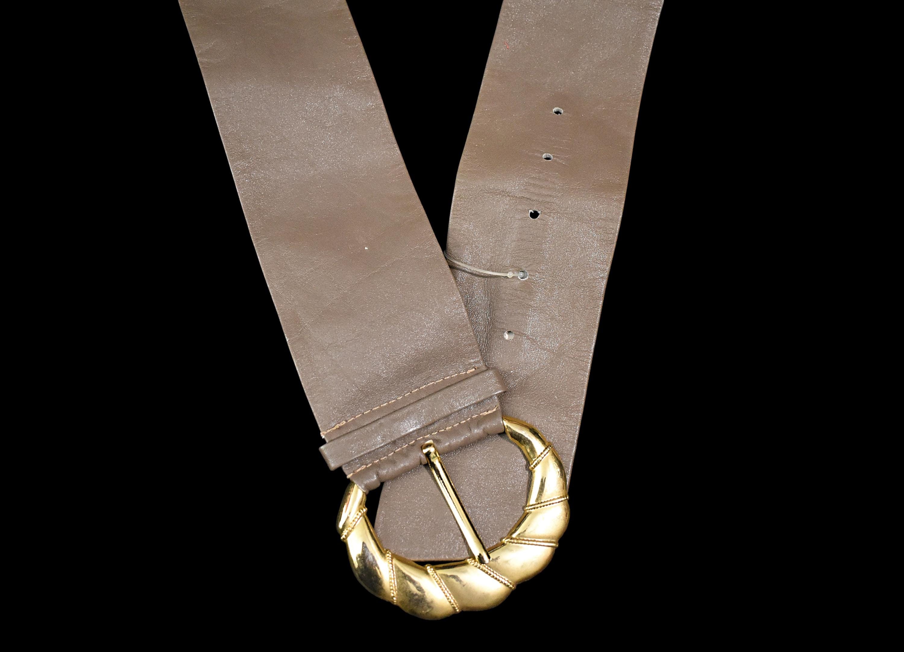 VINTAGE 80s 90s Fancy Taupe Wide Belt Wide Taupe Leather Belt With Rose Leather Buckle 90 main image 4